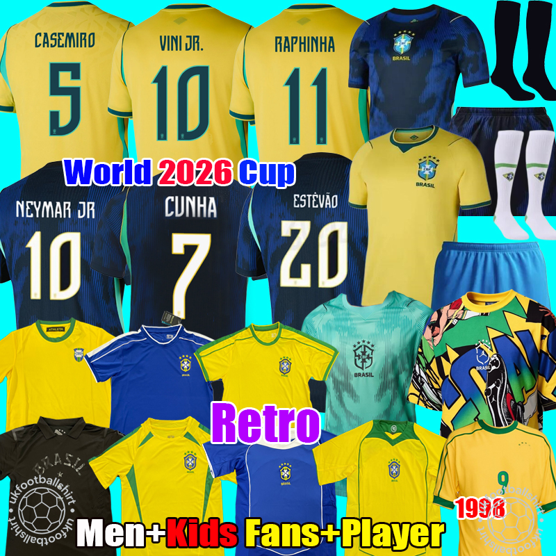 S-4XL Brazil world cup Jersey 2026 Retro 1998 2002 1970 L.PAQUETA NEYMAR VINI JR. P.COUTINHO RICHARLISON G.JESUS T.SILVA BRUNO G. PELE CASEMIRO men kids kit