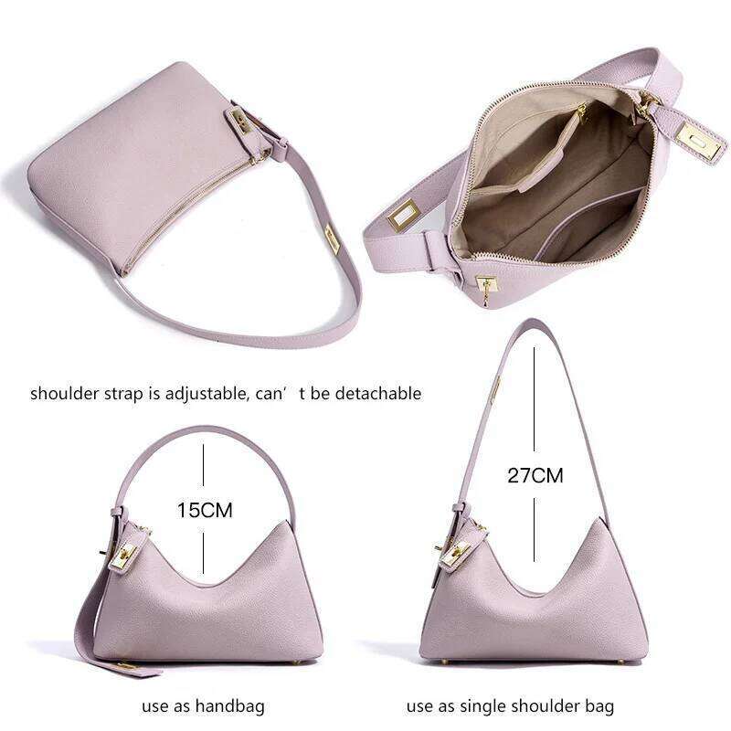 Women S Plain Color Genuine Leather Handbag Fashionable All Match Casual Versatile Trendy Single Shoulder Bag With Lock Design