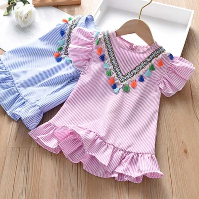 2026 Summer Girls Striped Dress Children Short Sleeves Flowers Princess Dress Baby Korean Version Beach Casual Dress 1-8YT260330