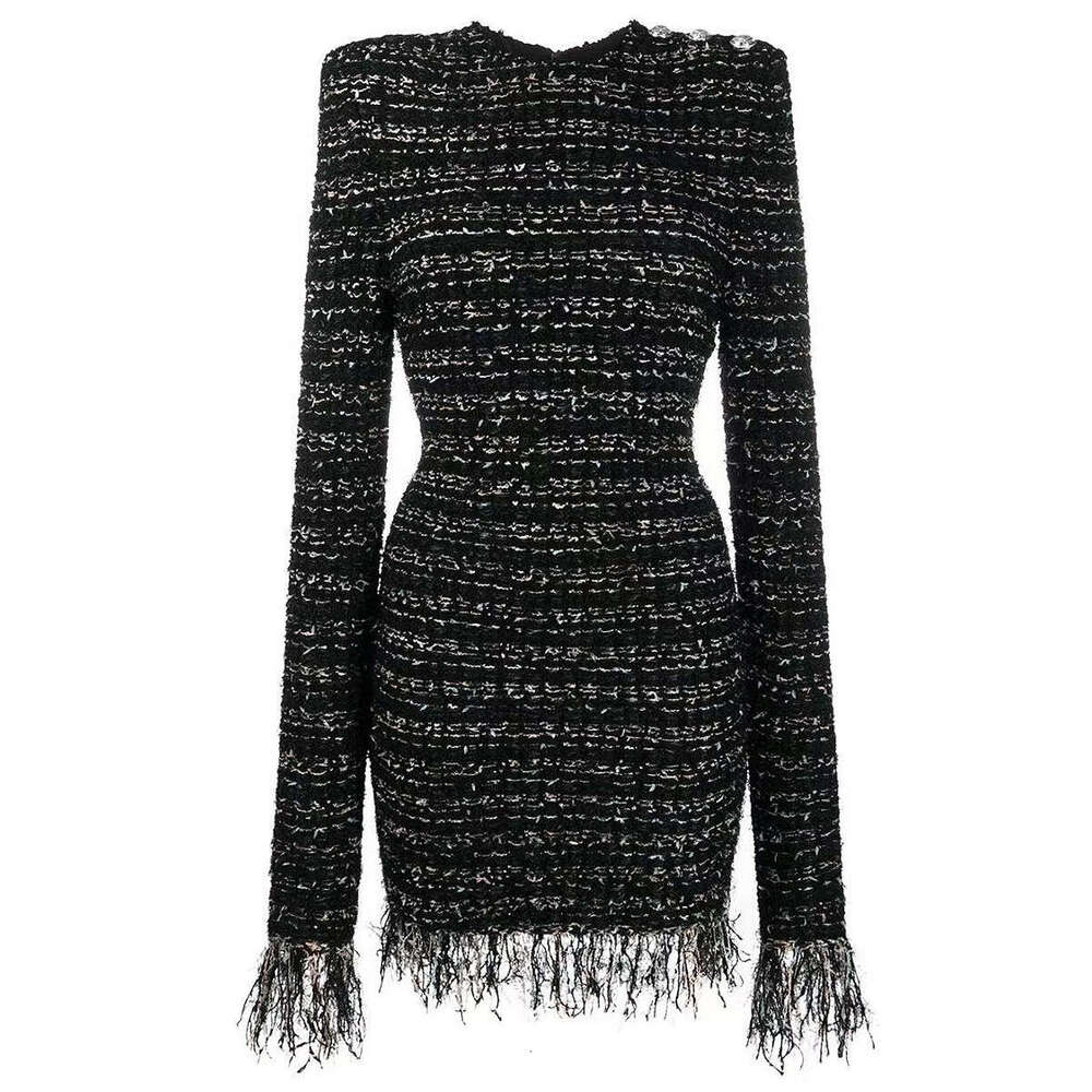 Designer's shiny silk wool tassel e22 long sleeved slim fit short skirt high-quality women's clothing 2026