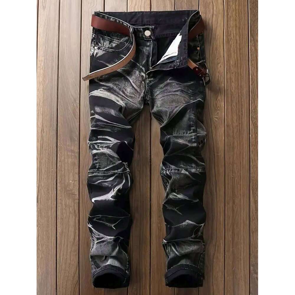 Men's Jeans Black And White Slim Fit Stretch Denim Pants Casual Mid Waist Spring Trousers 26Y0330