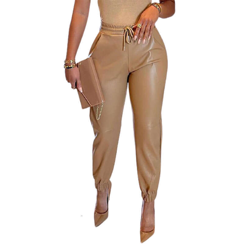2026 Spring/Summer European and American New Arrival Solid Color Drawstring Pocket PU Leather Casual Fashion Jogger Pants for Women