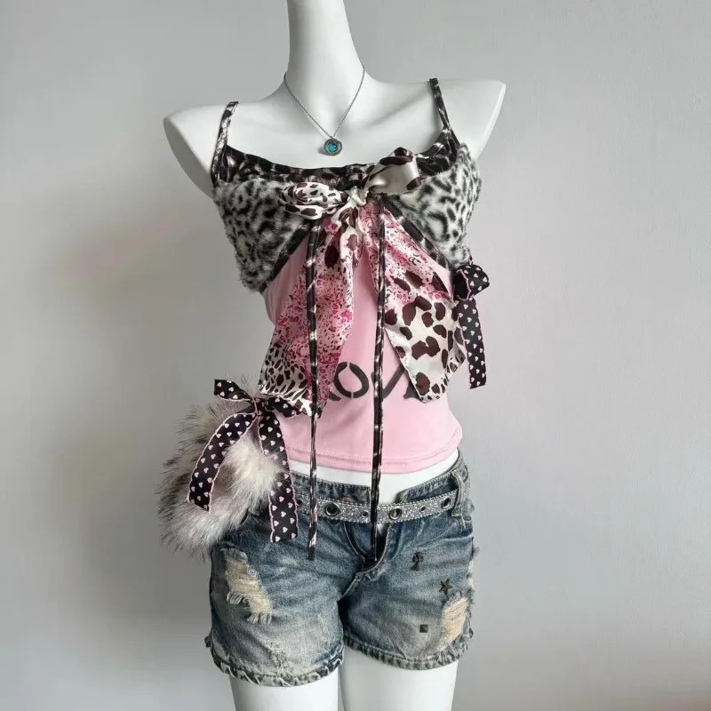 90s Harajuku Vintage Slim Camisole Subculture Leopard Patchwork Bow Halter Vest Y2K Aesthetic Letter Print Tanks Slim Women Tops 260327