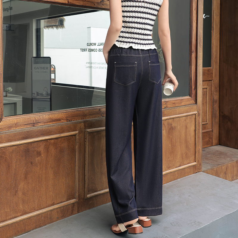 Spring and summer women's loose drawstring drapey long high-waisted wide-leg denim casual pants, straight-leg pants