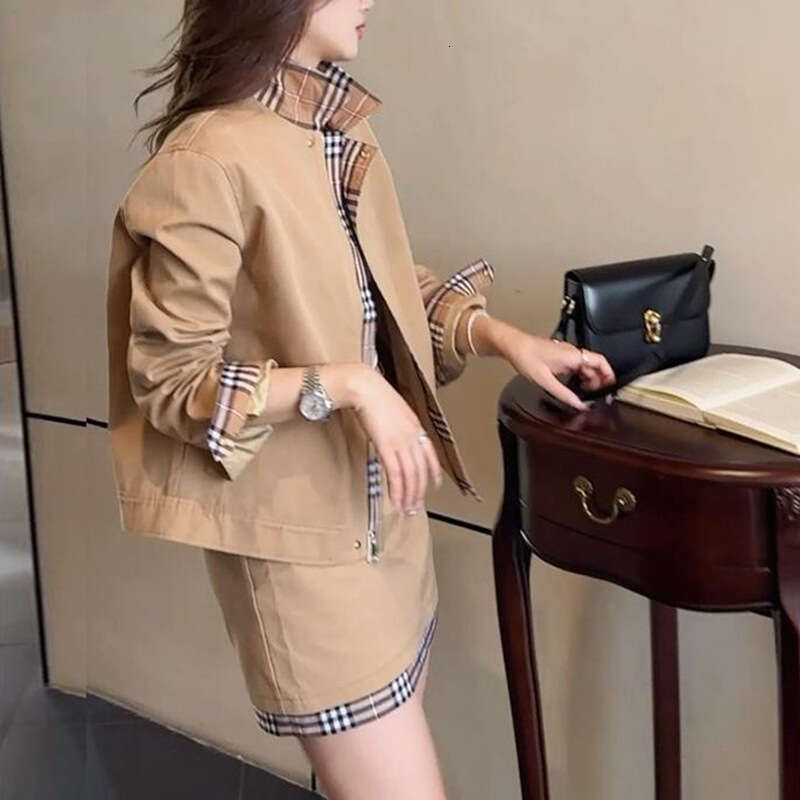 Elegant Plaid Patchwork Suit For Women Spring Autumn Short Trench Coat Jacket And High Waisted Skirt Two Piece Set Luxury