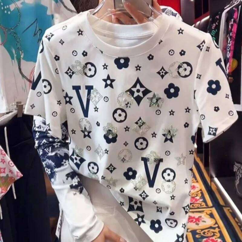 Luxury Diamond Geometry Pattern Retro T Shirts White Cotton Summer Short Sleeve Tees Top High Street Fashion Women Niche Clothes