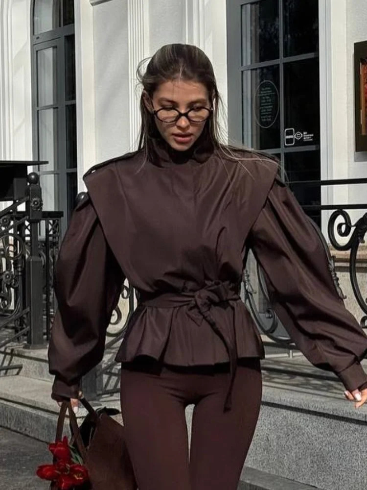 Broad Shoulder Apricot Belt Cropped Trench Coat Women Full Sleeve Zipper Button Pleated Windbreaker Jacket Lady Fall Streetwear 260327