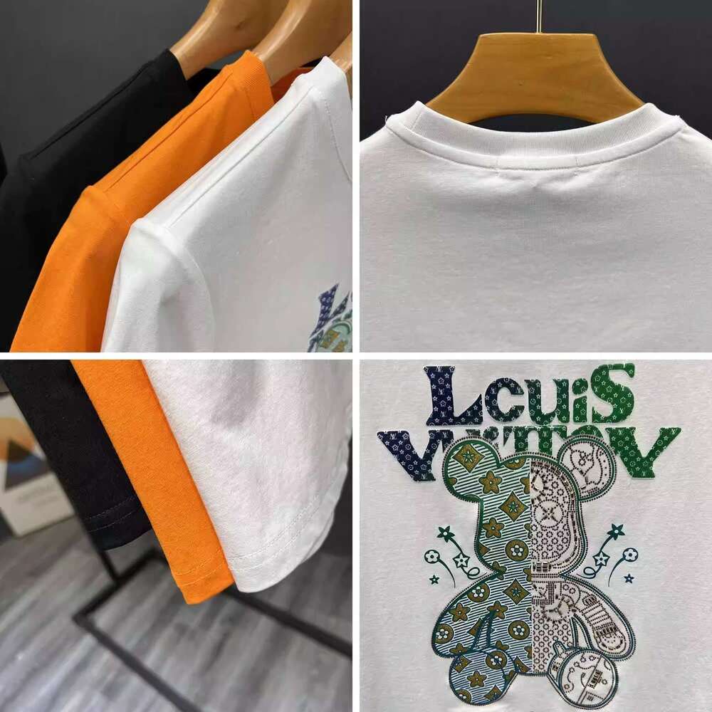 luxury Summer New Style Rhinestone Printed Bear Short T-Shirt Casual Round Neck Tee Shirt Half Sleeve Men's Top
