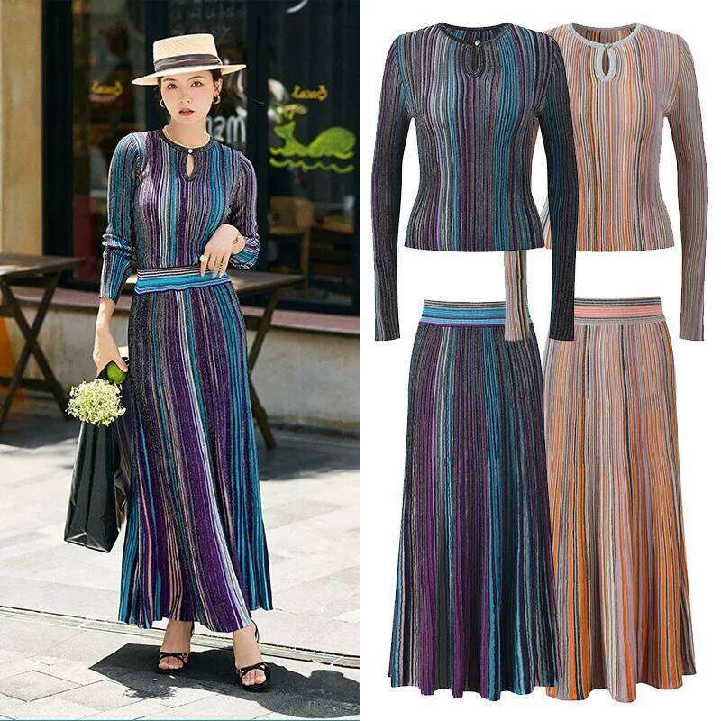 Spring Summer New Elegant Color Mix Striped Knitet Dress Set, Slim - Fitting Knitted Top + Midi Skirt Two-Piece Set Mdng260330
