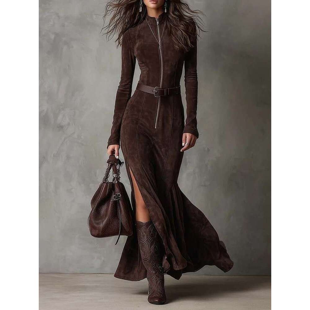 Women Zipper PU Short Sleeve Turn Down Collar Streetweaer American Retro Casual Pleated A-Line Midi Dress With Belt