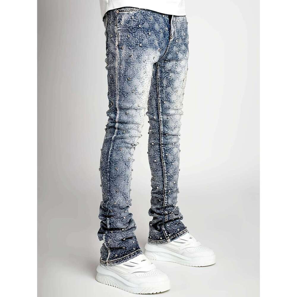 Men's personality straight leg men's pants European and American fashion Instagram hot item elastic pearl denim la 26Y0330