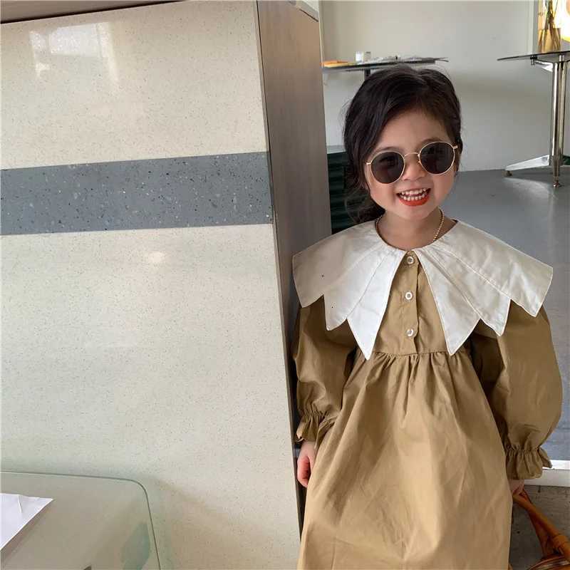 Girl Dress Spring 2024 New Retro Van Doll Pointed Collar Girls Dress Long Sleeve Khaki Princess Dress Sweet Casual DressT260330
