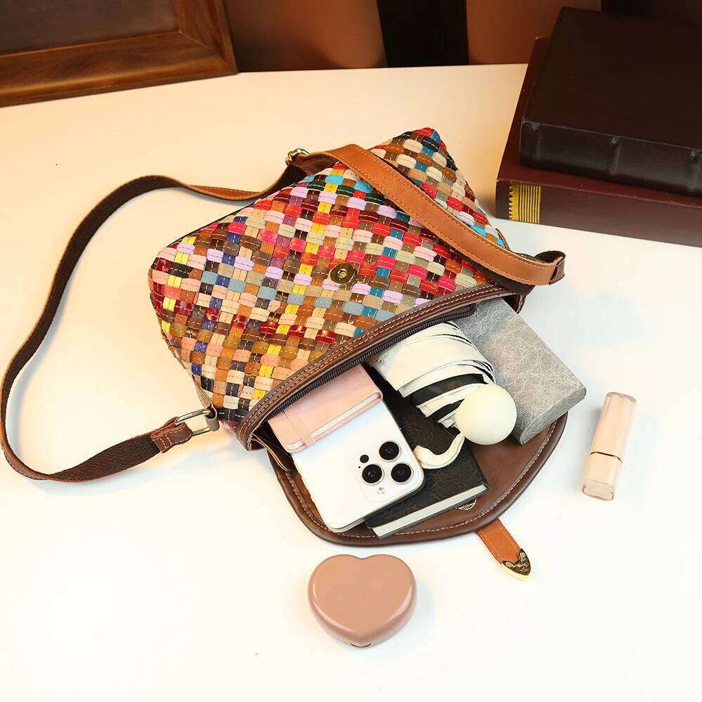 Crossbody Bohemian Rainbow Hand Woven Genuine Leather Women's Ethnic Style Contrasting Single Shoulder Bag