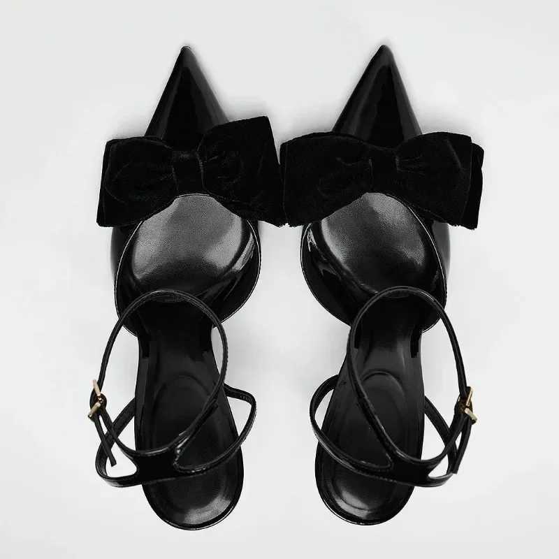 Elegant Black Bow Design Heels Women Sexy Pointed Toe Ankle Strap Buckle Thin Heel Sandal High Quality Patent Leather Dress Shoe Z260330