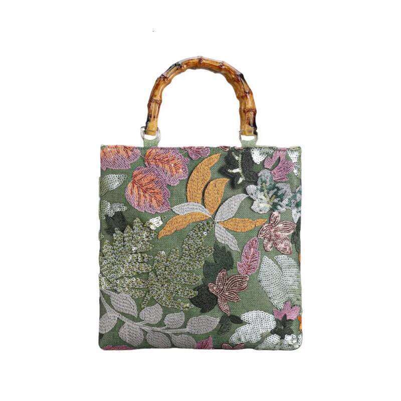 Chinese Embroidery Bamboo Handle Embroidery Shopping Bag Retro Ladies Lace Weaving Tote Colorful Sequins Cotton Linen Woven Handbag With Inner Bags Cl