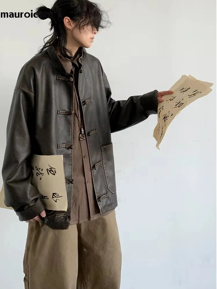 Mauroicardi Spring Cool Oversized Vintage Distressed Pu Leather Jacket Men Elegant Chinese Style Clothes 260327