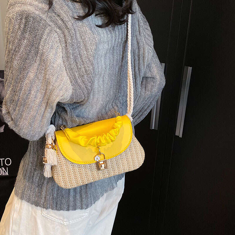 Fashionable Hand-Woven Small Square Bag, Casual Straw PU Patchwork Handbag, Trendy Shoulder And Crossbody Bag Evergwish