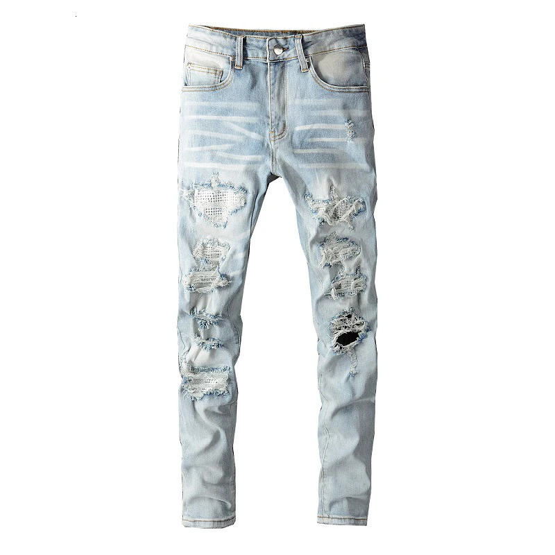 Men Crystal Holes Ripped Patchwork Jeans Streetwear Light Blue Denim Slim Skinny Pencil Pants Trousers 260327