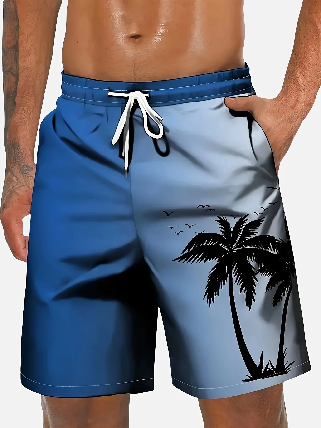 2026 Harajuku-Style Coconut Tree Print Beach Shorts Summer Mens Palm Tree Gradient Surf Shorts Hawaiian-Inspired Cool Trunks 260327