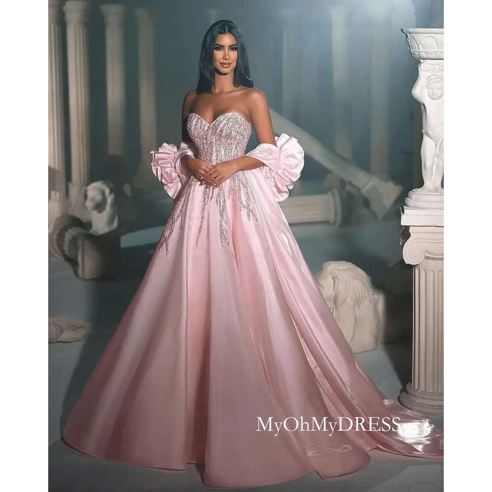2024 Pink Sweetheart Wedding Dress Princess A E Satin Beads Sequins Bridal Bride Gowns With Wrist Corsages Custom Made Vestios De Novias D0330