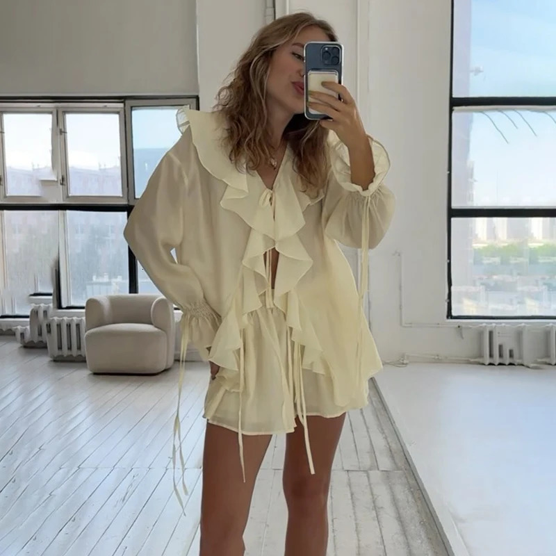 Tornova Womens Ruffled Shorts Sets V Neck Loose Lace Up Shirt Loose Through Sexy Casual Shorts Female Spring Matching Sets 260326