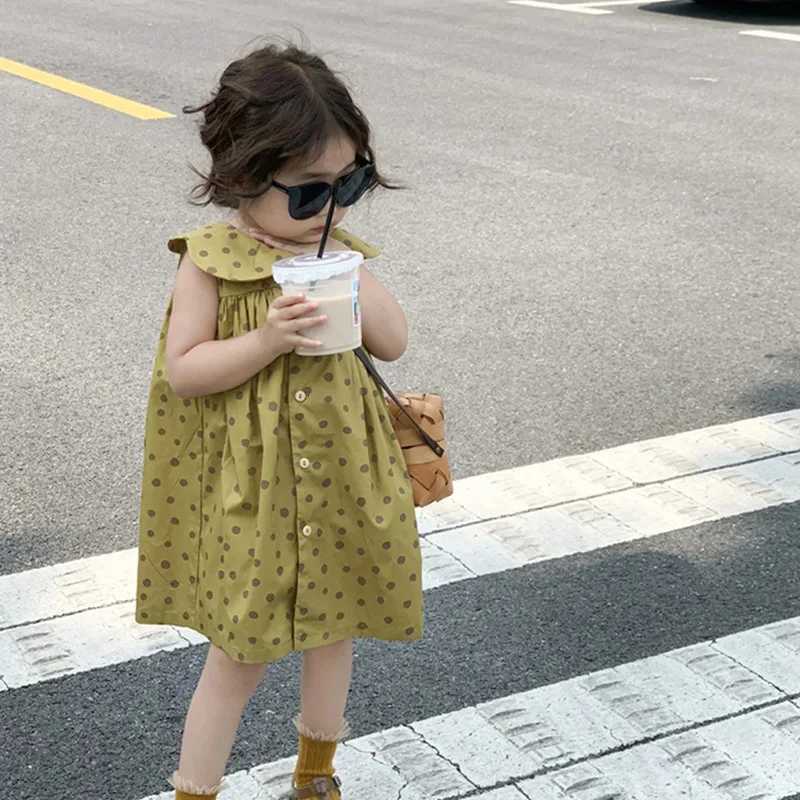 Childrens Sleeveless Dress 2023 Summer New Girls Dot Print Polo Collar Dress Korean Cotton Single Breasted Tank Top DressT260330