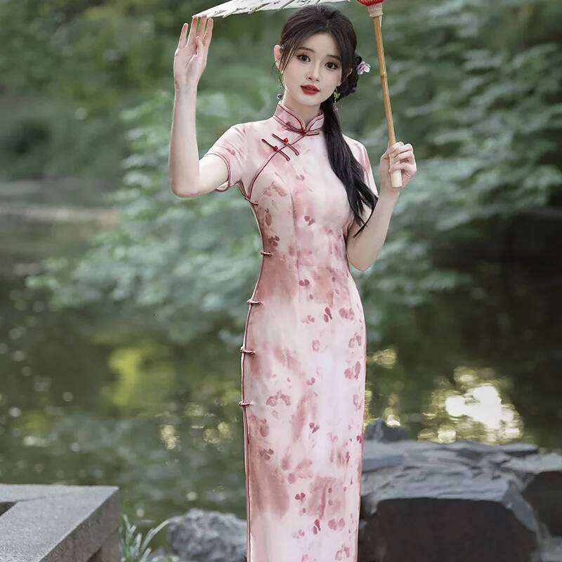 Qipao Chinese Dresses Women's Premium Modern Pink Elegant Evening Party Long Chiffon Light And Thin Summer Cheongsam MAKOUFEI