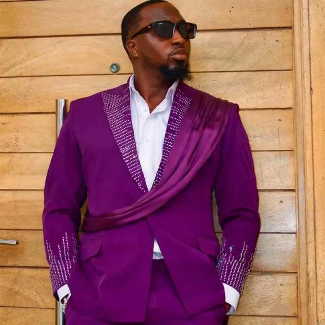 Purple Men Tuxedos 2 Pieces Pleats Beads Groom Wedding Pants Suits Banquet Party Birthday Wear Customized