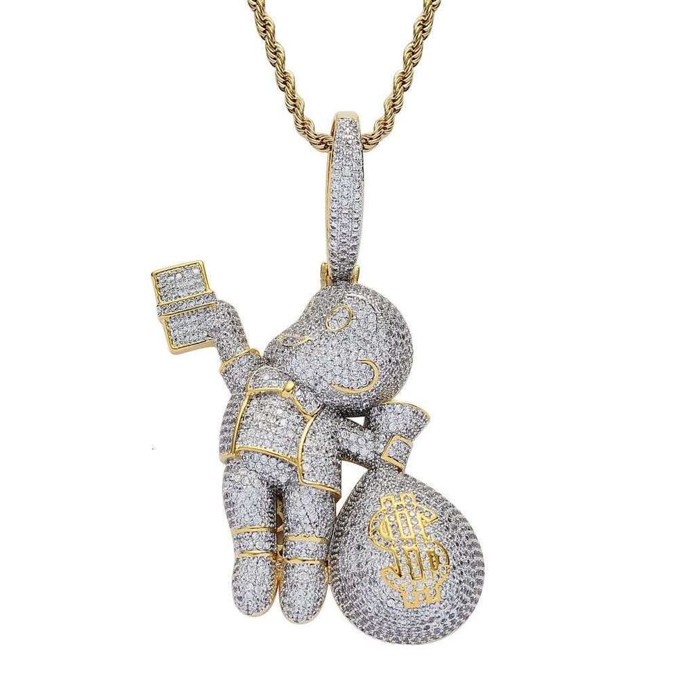 Trendy Necklace, Hip-Hop Style, Featuring Bald Boy Holding A US Dollar Bill, Micro-Inlaid With Zircon, Luxurious Street Style Pendant