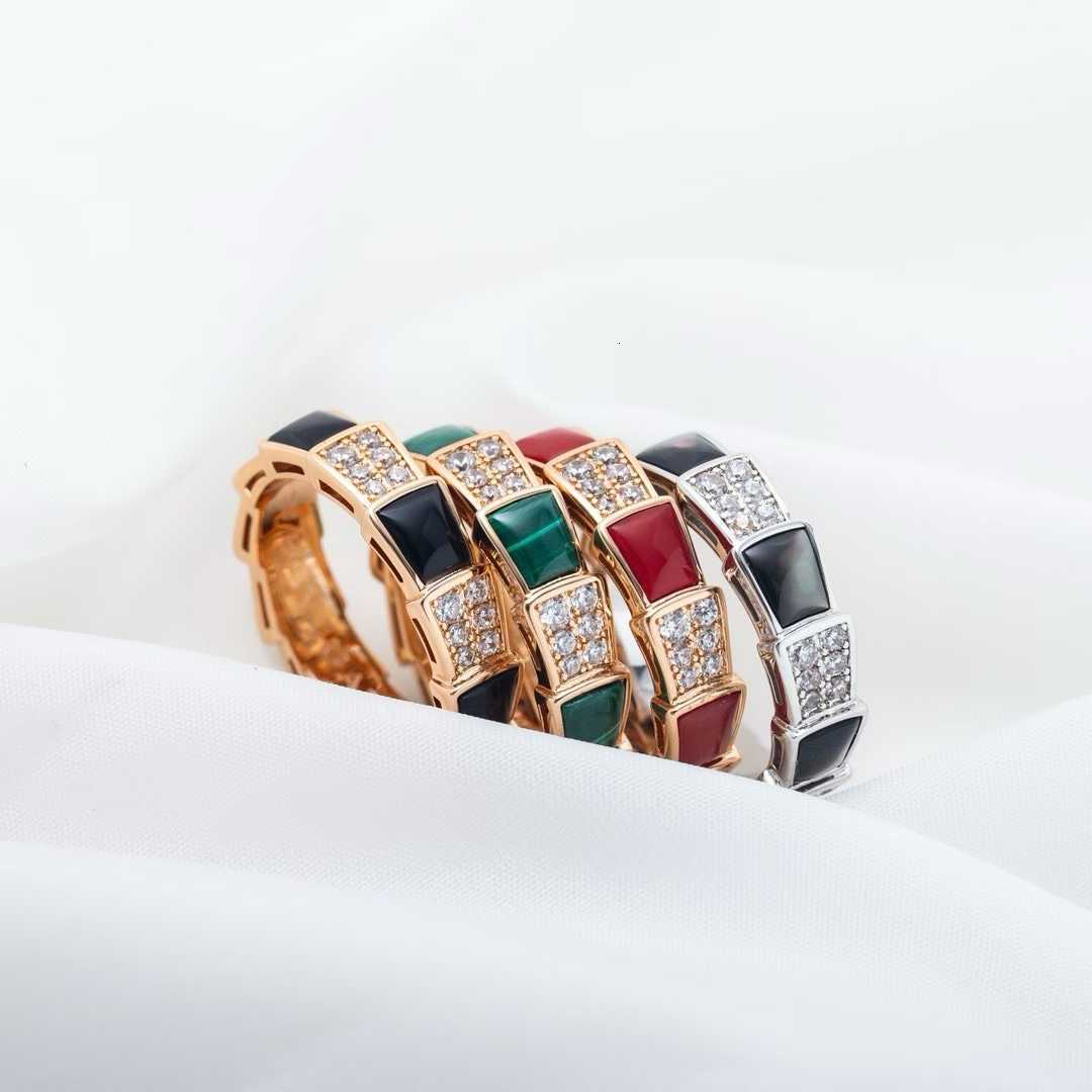Ring Gold Closed Snake Bone Narrow Wide Version Mother-Of-Pearl Chalcedony Inlaid Diamond Ring Fashion Light Luxury Jewelry Ring