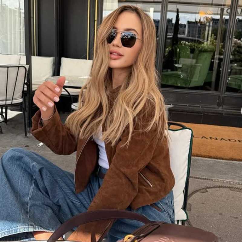 HXAO Cropped Coat Suede Jacket Women Demi-Season Faux Leather Jacket Outerwears Long Sleeve Bomber Jacket Zip Up Short CoatT260328