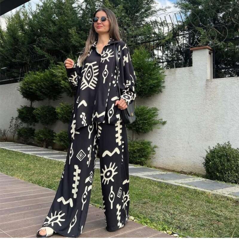Women's Clothing 2025 New Fashion Printed Loose Top With Tie High-Waisted Wide-Leg Pants Two-Piece Set, Comfortable And Casual Asia Size