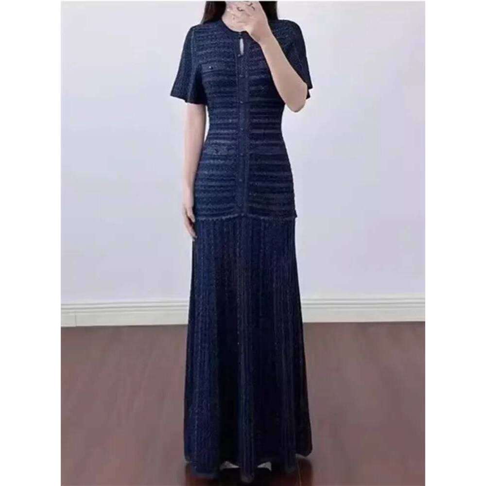 Women Diamond Embellished Sparkling Knitted Dress Hollow Out Elegant Female O-Neck Navy Blue Single Breasted Knit Midi Robe Mdng260330