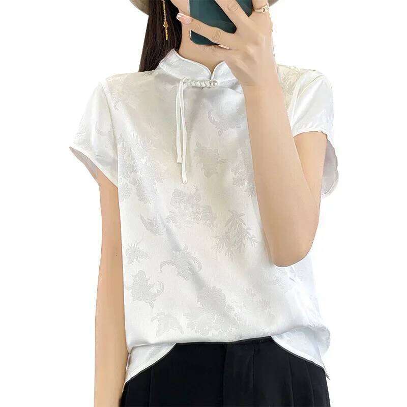 New Chinese Style Short Sleeve Shirt Women's Retro Reformed Acetate Satin Floral Embroidery Top Button Decorated Qipao Cheongsam MAKOUFEI