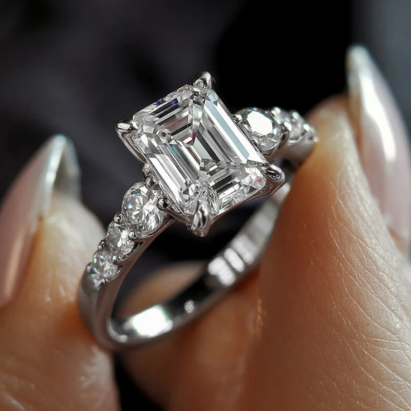 Classic Three Stone Princess Cut Ring 14k Gold Plated 5A Cubic Zirconia Engagement Ring Paved Band Wedding Promise Ring for Bridal Jewelry Gift Size 6