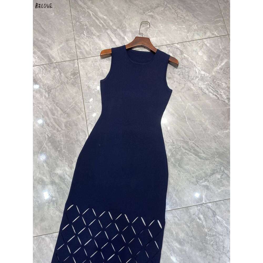 Women Round Neck Navy Knitted Long Dress + Hollow Knitted Cardigan Coat Mdng260330
