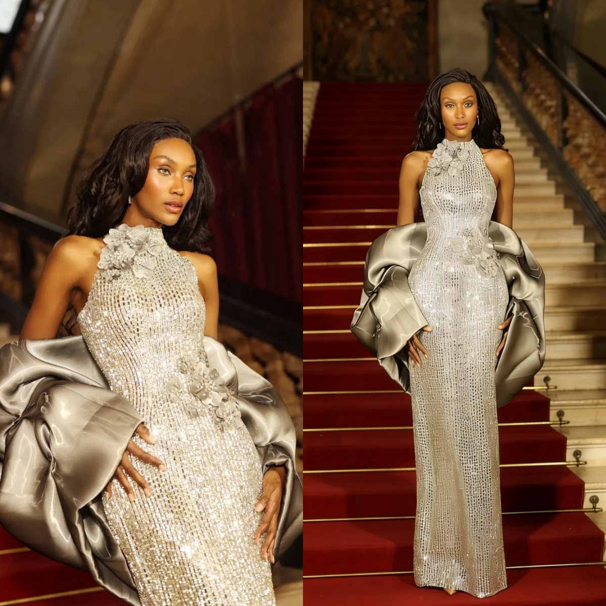 Unique Rhinestone Mermaid Evening Dresses High Neck Prom Dress with Shawl Sleeveless Slim Fit Customized Party Gown Vestidos De Noche Plus Size