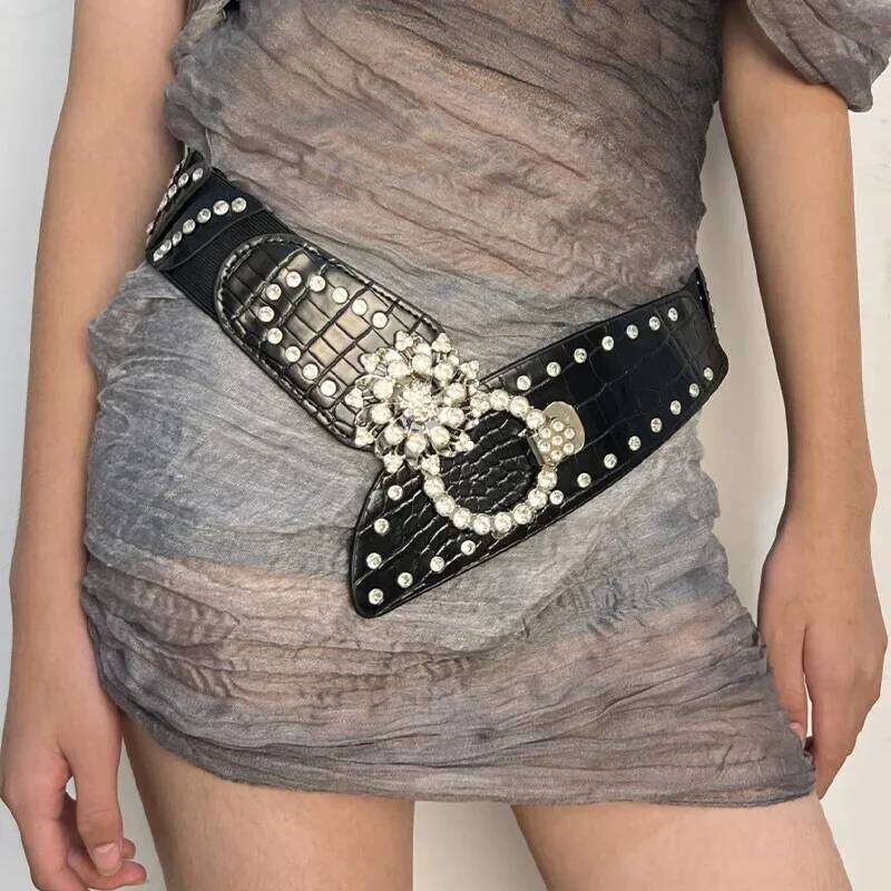 Rhinestone Splicing Wide Waistband Women Sexy Belts Bling Vintage Flower Punk Metal Buckle Y2k PU Leather Belt Skirt Accessories Chunjinqiuli