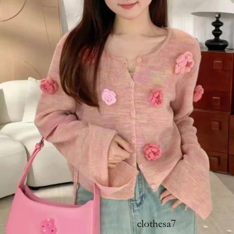 Colorful Flower Knitted Women's Spring Patchwork Round Neck Button Solid Color Flare Sleep Slimming Casual Long Sleeved Sweater