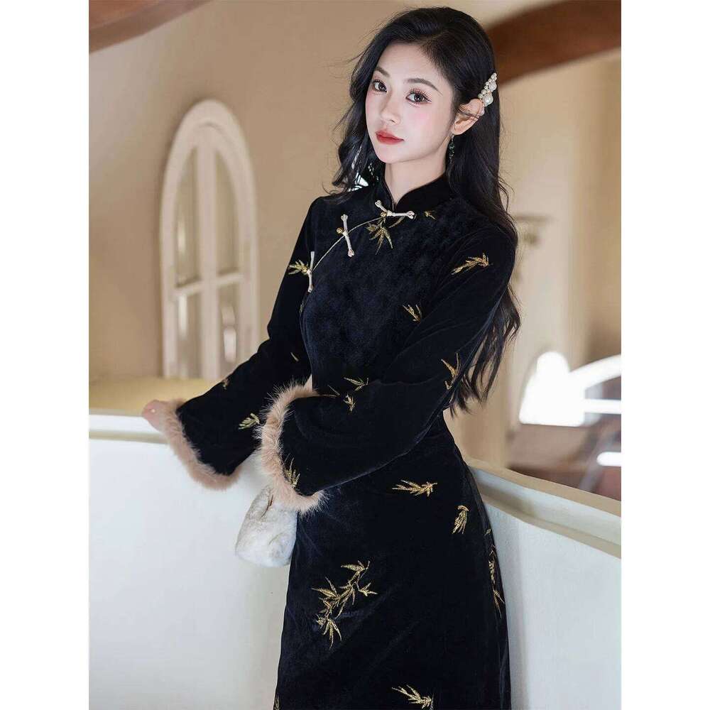 Yourqipao Autumn And Winter New Style Long-Sleeved Cheongsam Chinese Hanfu Fishtail Skirt Qipao Dress For Women MAKOUFEI