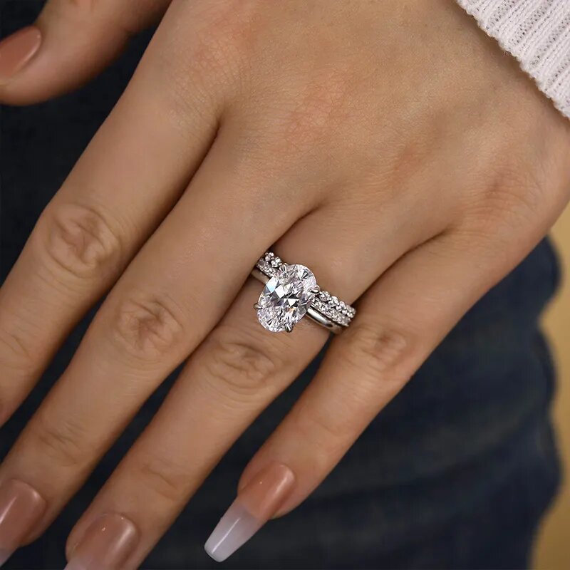 Choucong 18K White Gold Fill 3PCS Oval 5A Zircon CZ Dimaond Ring Set Solitaire Engagement Ring Stackable Eternity Bands Bridal Jewelry For Women Gift