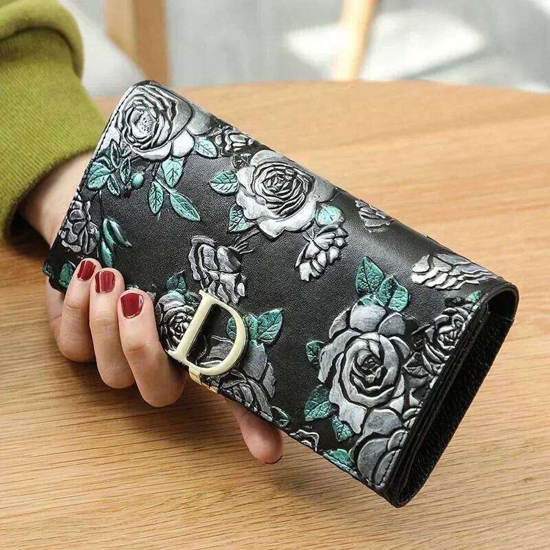 Chinese Embroidery Genuine Leather Female D Embossing Ladies Personality Retro Long Clutch Wallet Women Purse Coin Holders Clutch Bags