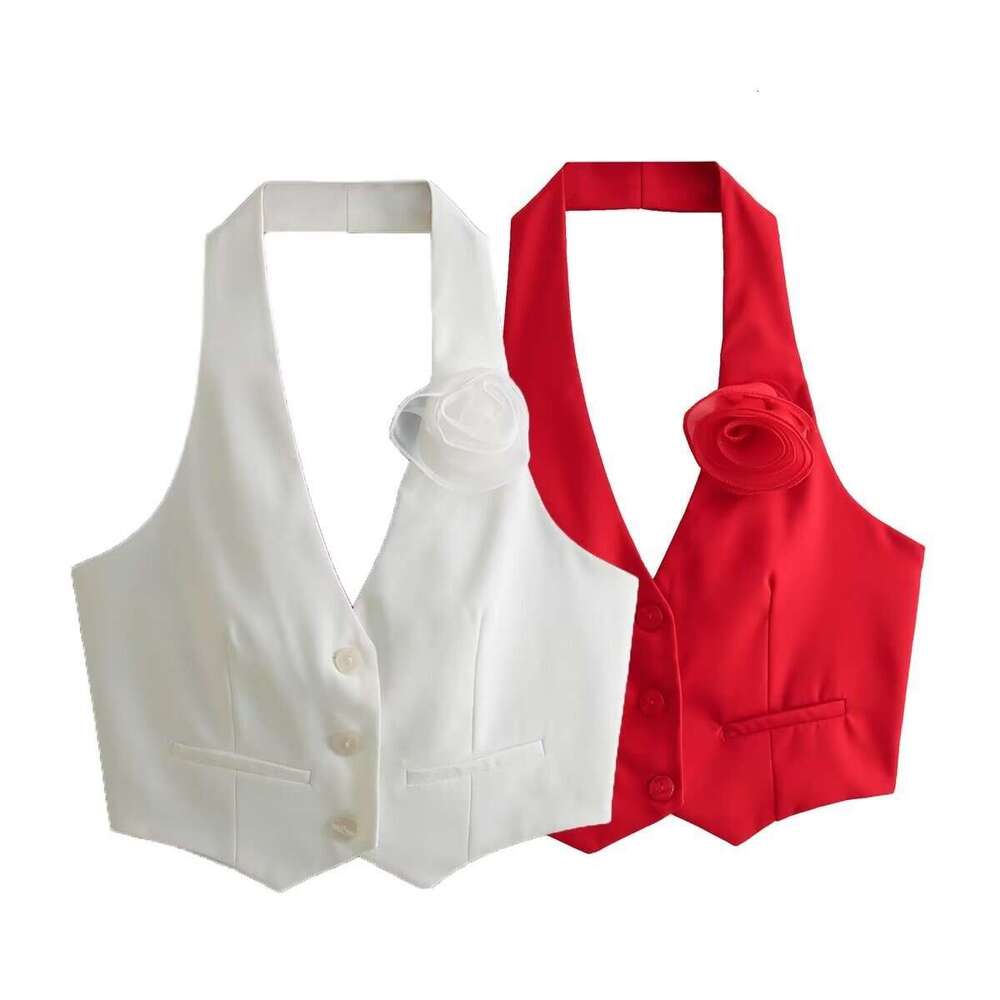2026 New Women's Clothing Halter Neck V-Neck Floral Decorated Single-Breasted Vest Camisole Top For Women