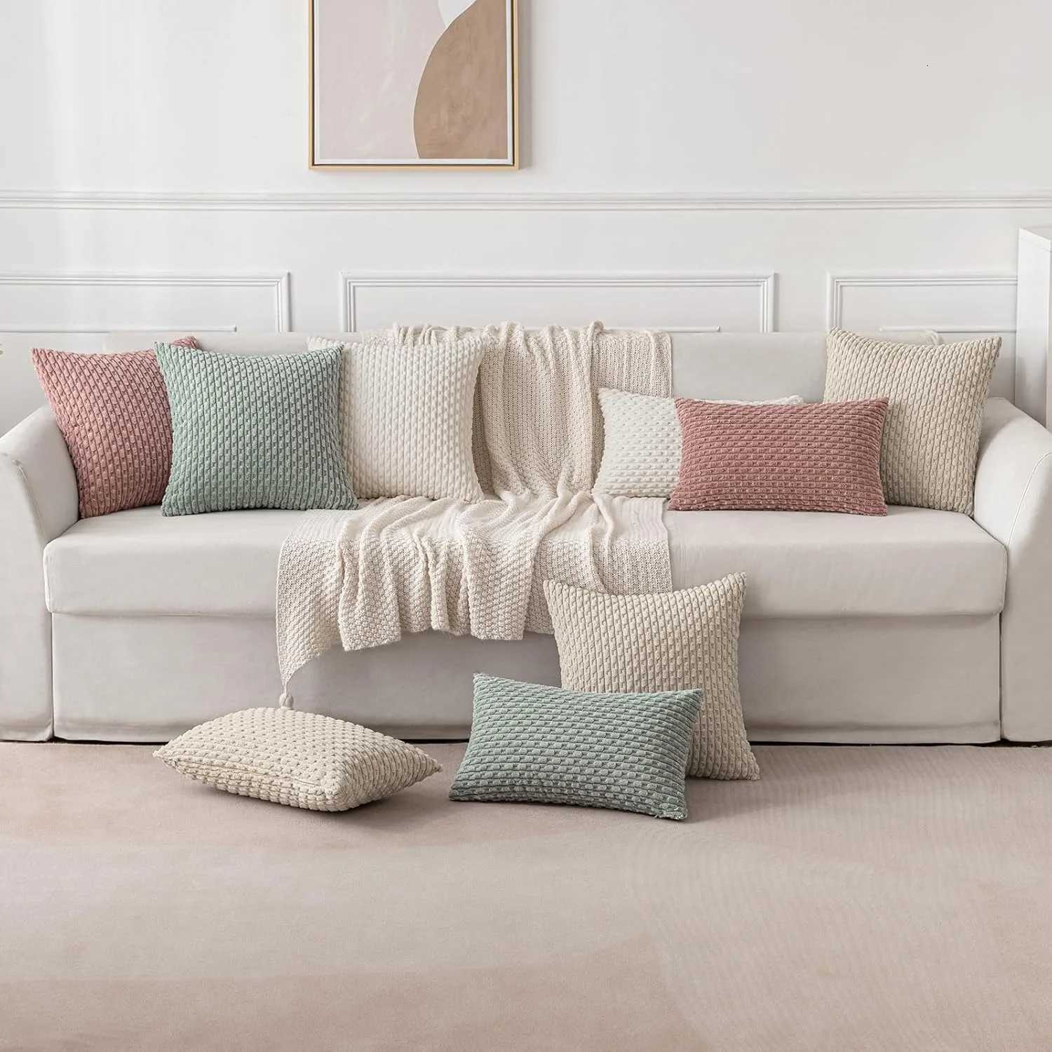 Green Pillow Covers Spring Decorations Boho Striped Corduroy Throw Pillow Cases Soft Plush Farmhouse Couch Cushion Case 45x45CM H260330 - view 7