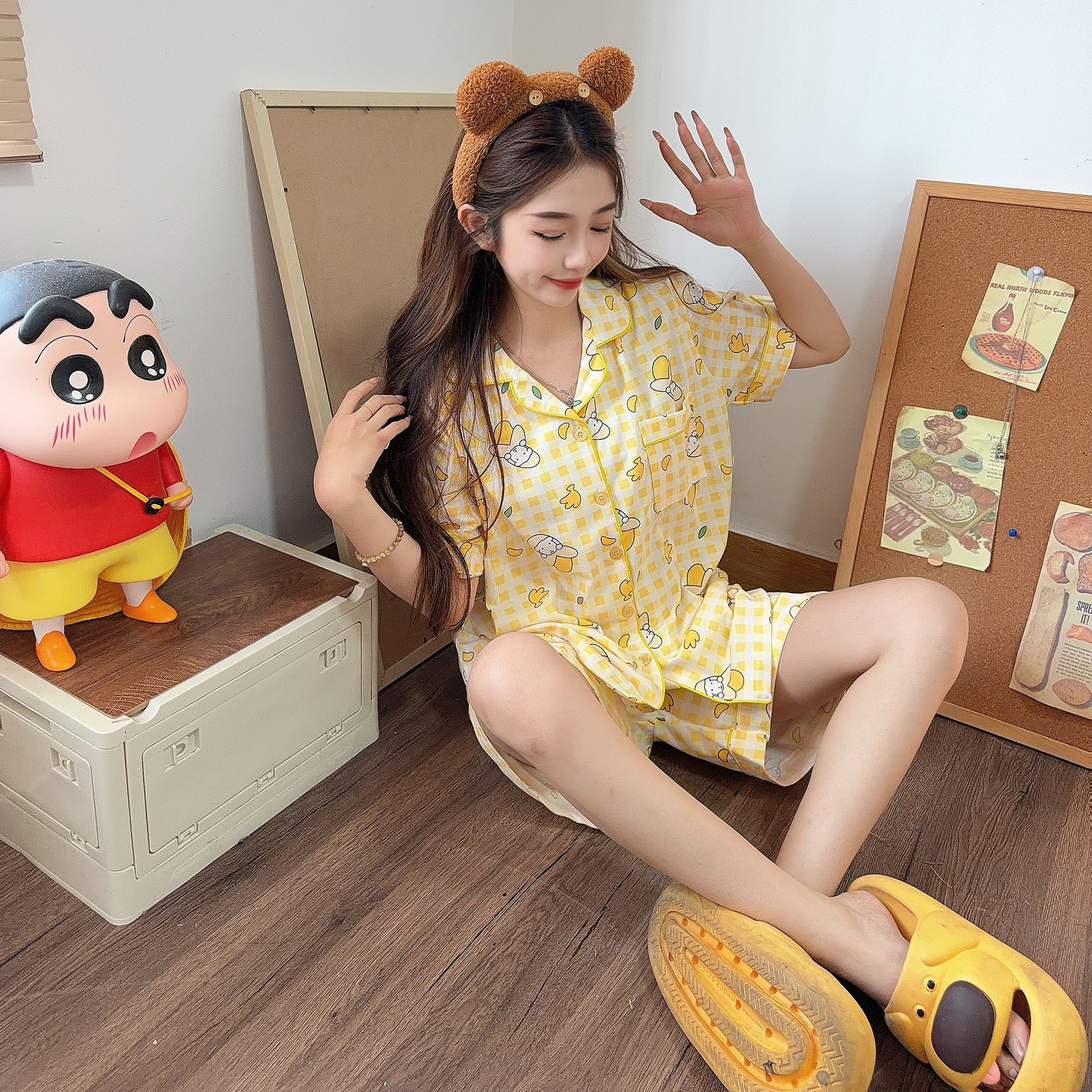 2026 plaid puppy sleepwear summer new short sleeved women's sleepwear cartoon cute cardigan Korean home clothes luxury sleepwear fashionable vers