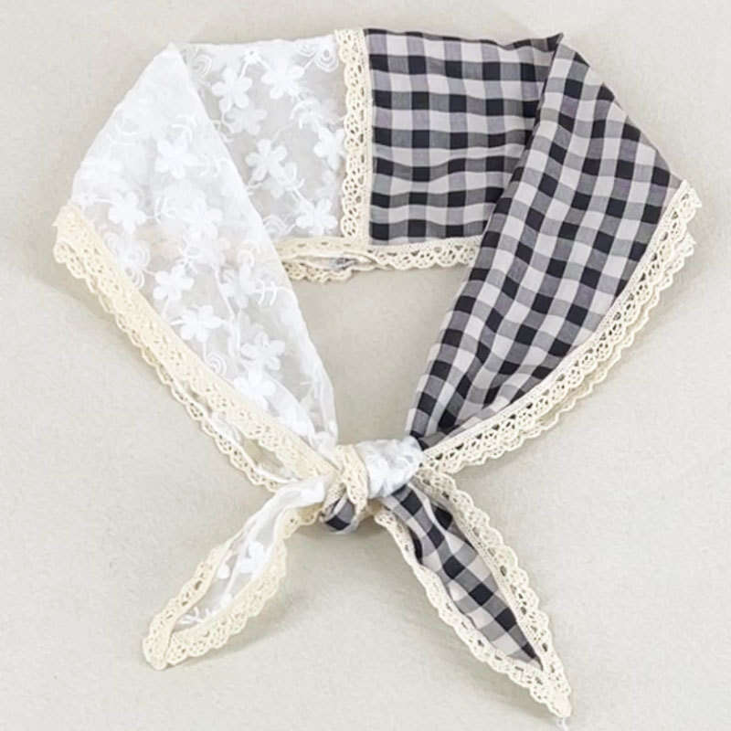 N-Style New Plaid Patchwork Lace Diamond-Shaped Scarf, Sweet And Girly Atmosphere Headscarf, Photo Decoration, Vintage Silk Scarf Qian Pan