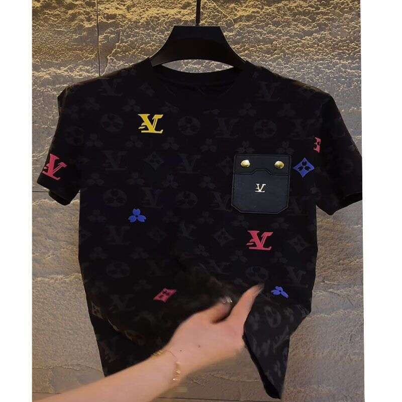 Print Design Letter Patchwork Color-Block Niche Loose Black High-End T-Shirt Short Sleeve Spring Summer Asia Size