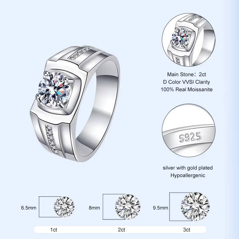 Hip Hop Style 1ct Moissanite Hollow Diamond Star Male Ring 925 Sterling Silver Wedding Jewelry for Men