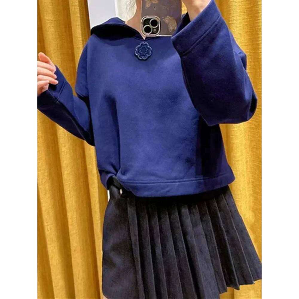 Women's Sailor Collar Short Sweatshirt Three-Dimensional Floral Embroidery Autumn Winter Lady Pullover Top Mdng260330
