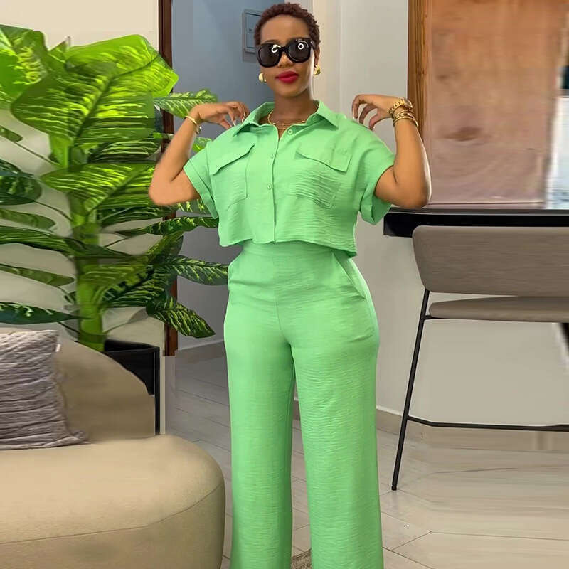 In-stock cross-border European American women's clothing 2026 summer new casual lapel short-sleeve shirt and wide-leg pants fashion set